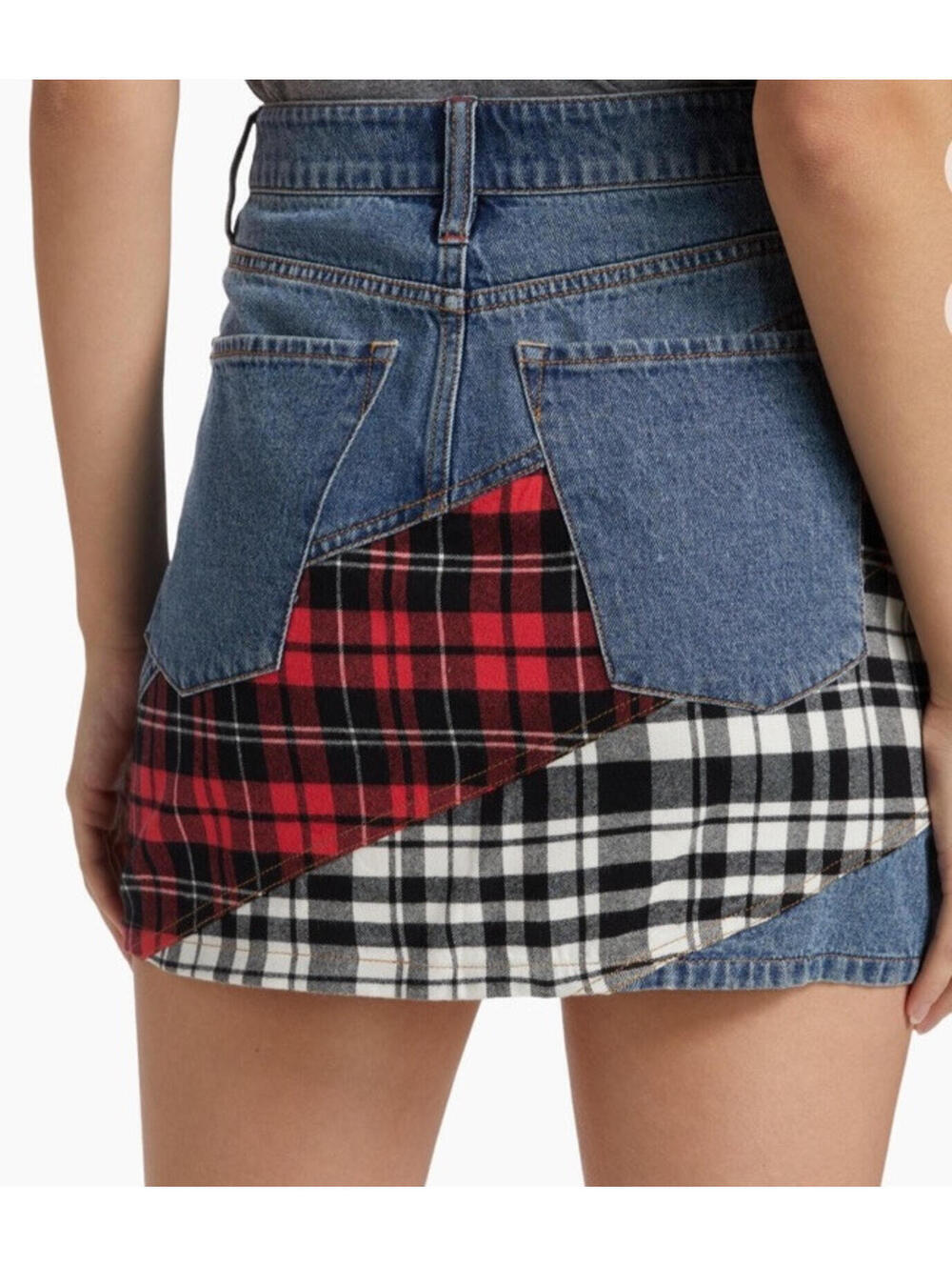 $350 Alice+Olivia Lisanne Patchwork Denim Mini Skirt Size 30 - Picture 2 of 5